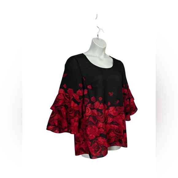 NEW, Laura, Black & Red Floral Print Blouse with Ruffle 3/4 Sleeves, Size XL - Picture 5 of 8